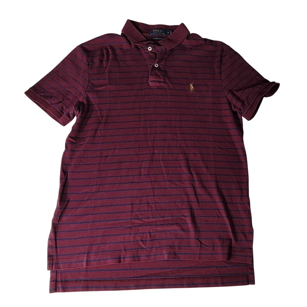 Polo Ralph Lauren Mens Medium Burgundy Navy Striped Pima Soft Touch Polo Shirt